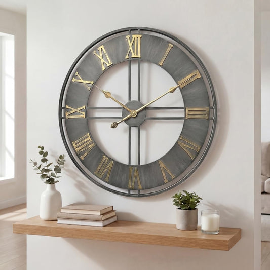 Heaven4you Industrial Roman Numeral Wall Clock – Silver & Gold, 60cm/24 Inch