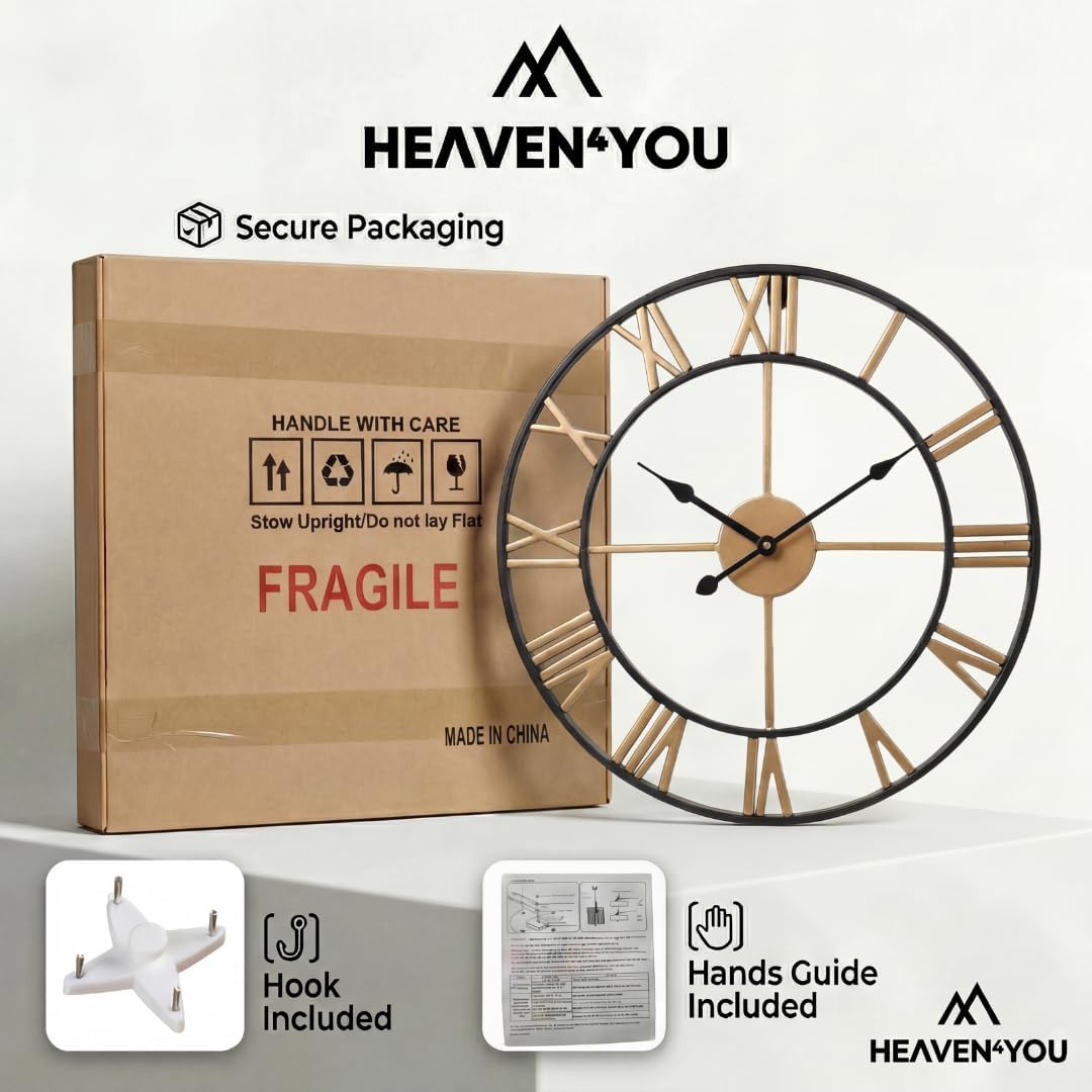 Heaven4you Large Skeleton Metal Roman Numeral Wall Clock – Open Round Face, 60cm Gold/Black