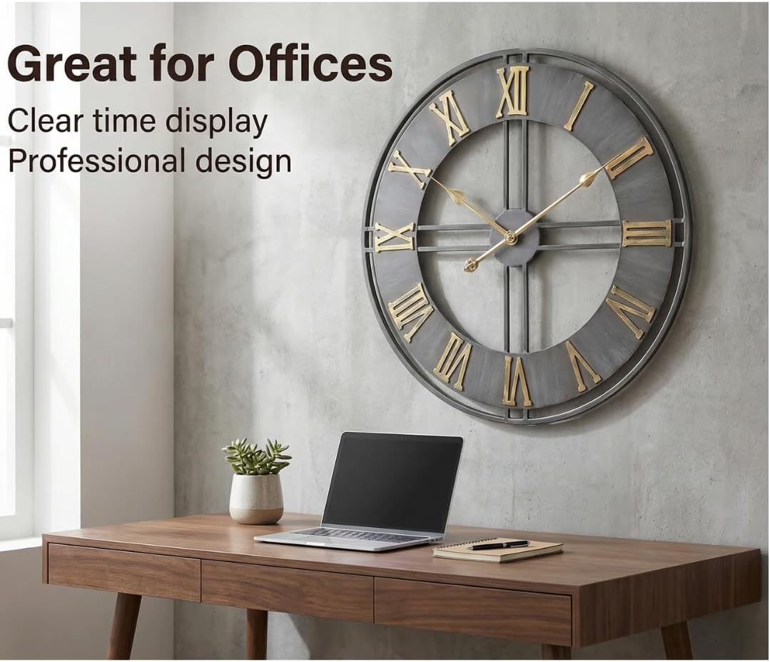 Heaven4you Industrial Roman Numeral Wall Clock – Silver & Gold, 60cm/24 Inch