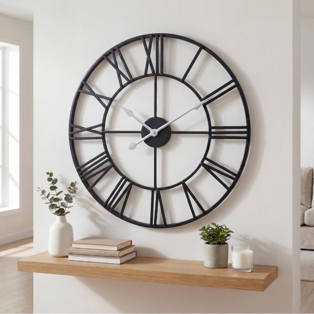 Heaven4you Large Wall Clock Flat Roman Numerals Metal – Silent Open Face, 60cm Black