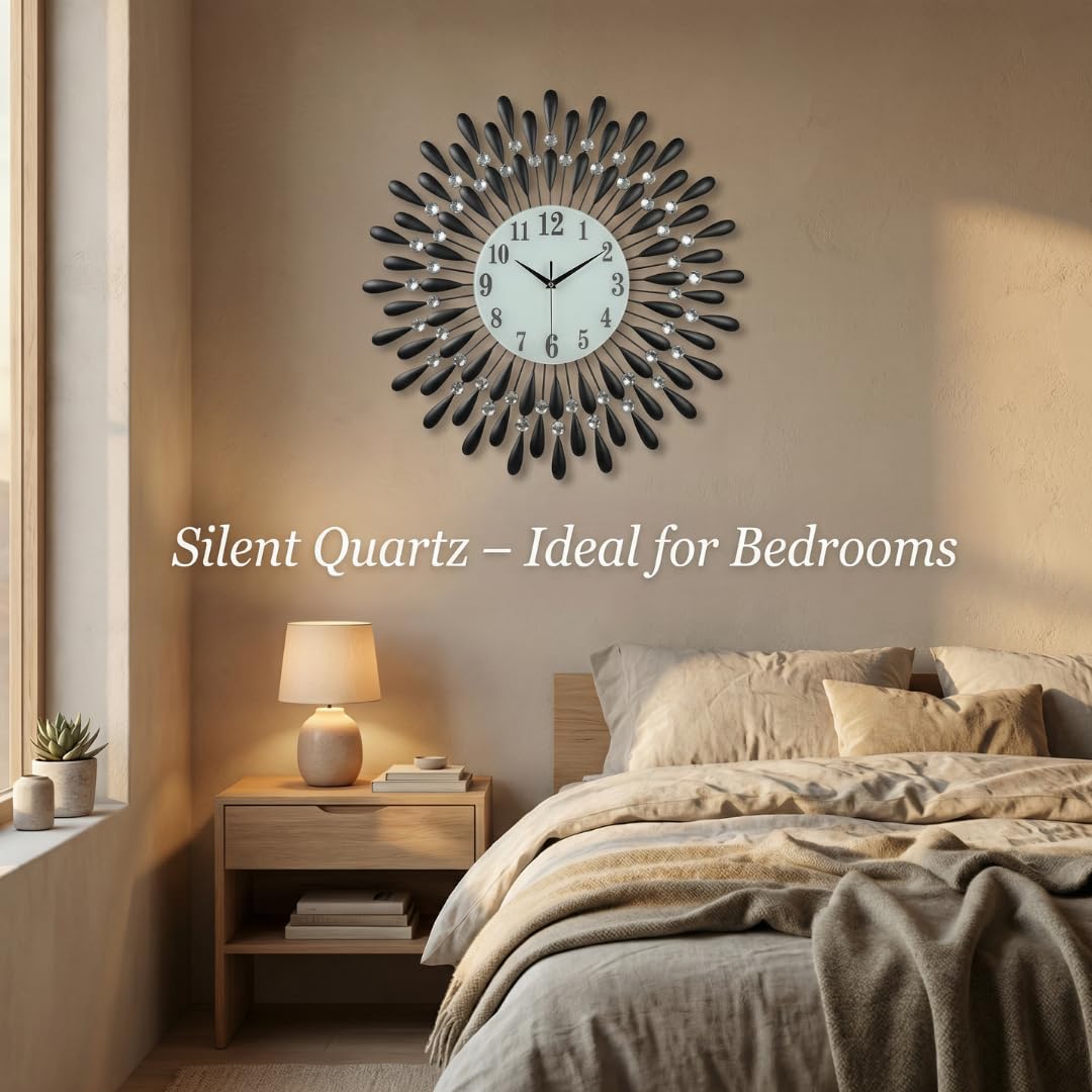 Heaven4you Large Diamond Jeweled Sunburst Wall Clock – Crystal 3D, 60cm Black