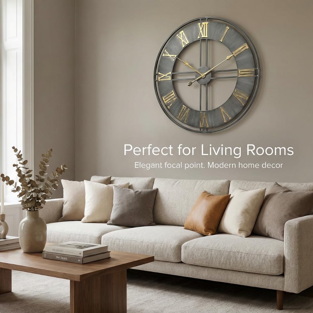 Heaven4you Industrial Roman Numeral Wall Clock – Silver & Gold, 60cm/24 Inch