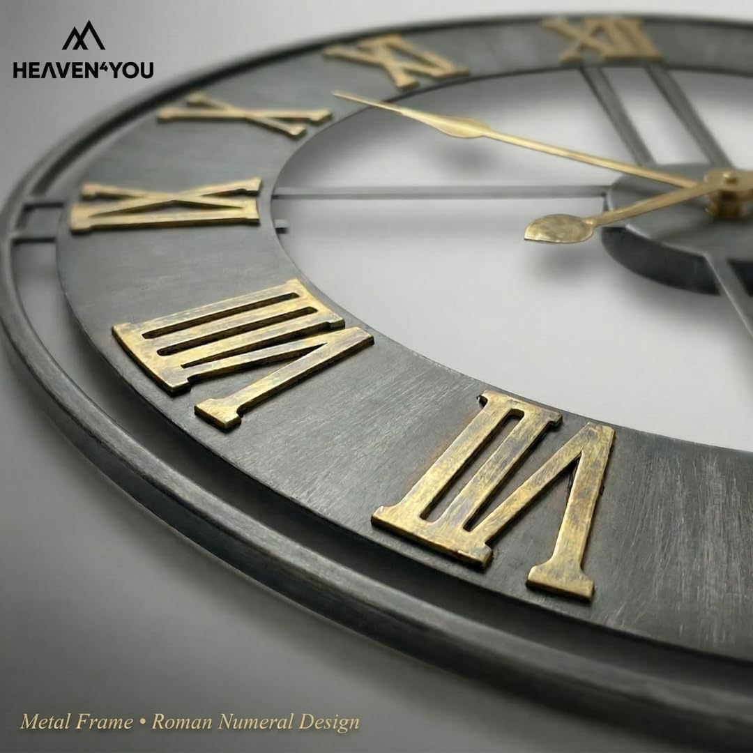 Heaven4you Industrial Roman Numeral Wall Clock – Silver & Gold, 60cm/24 Inch