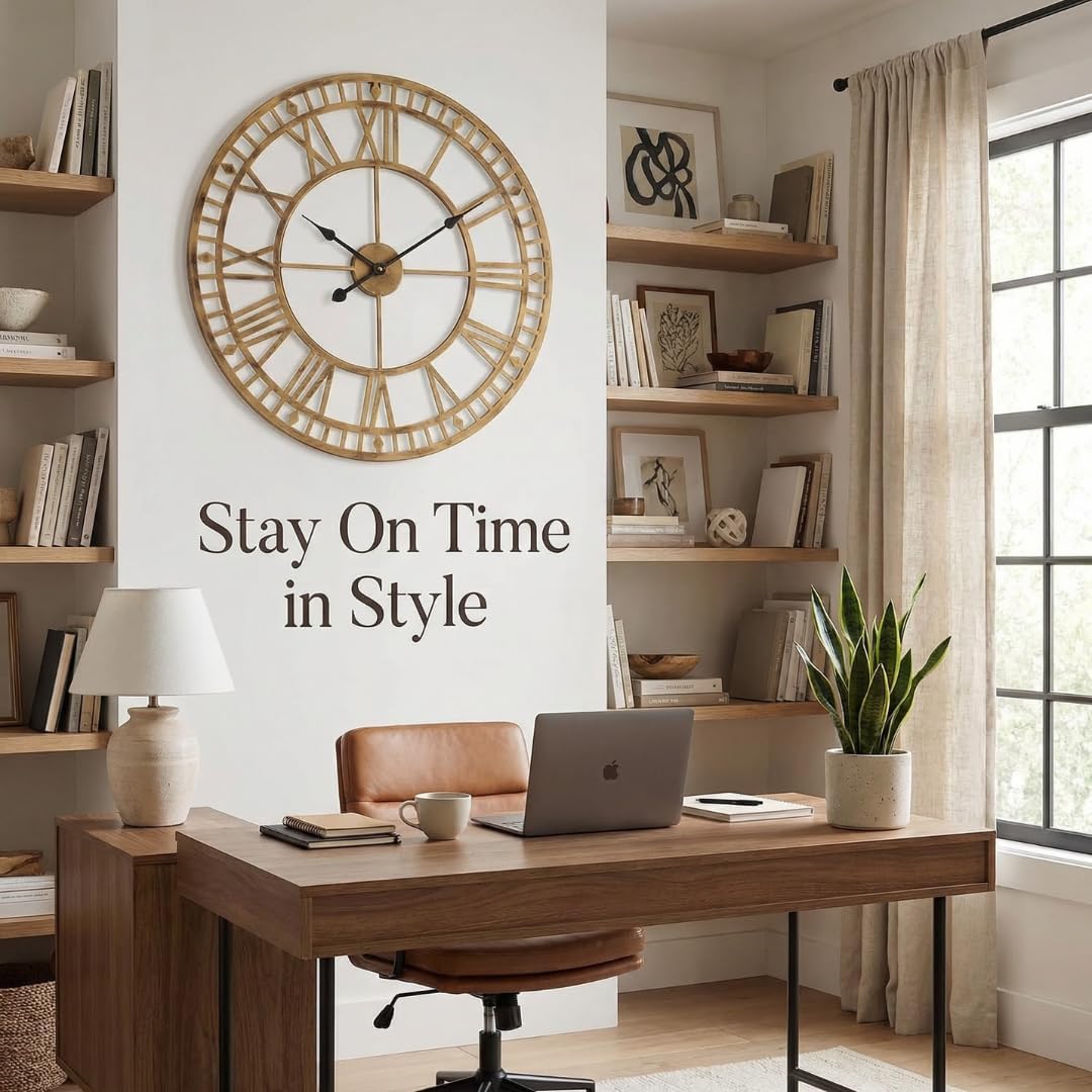 Heaven4you Large Giant Open Face Metal Roman Numeral Wall Clock – Bronze 60cm Indoor