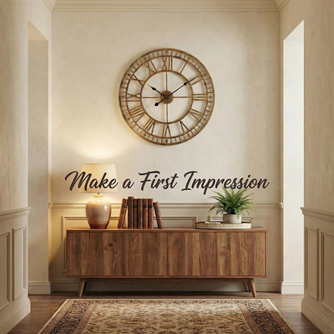 Heaven4you Large Giant Open Face Metal Roman Numeral Wall Clock – Bronze 60cm Indoor