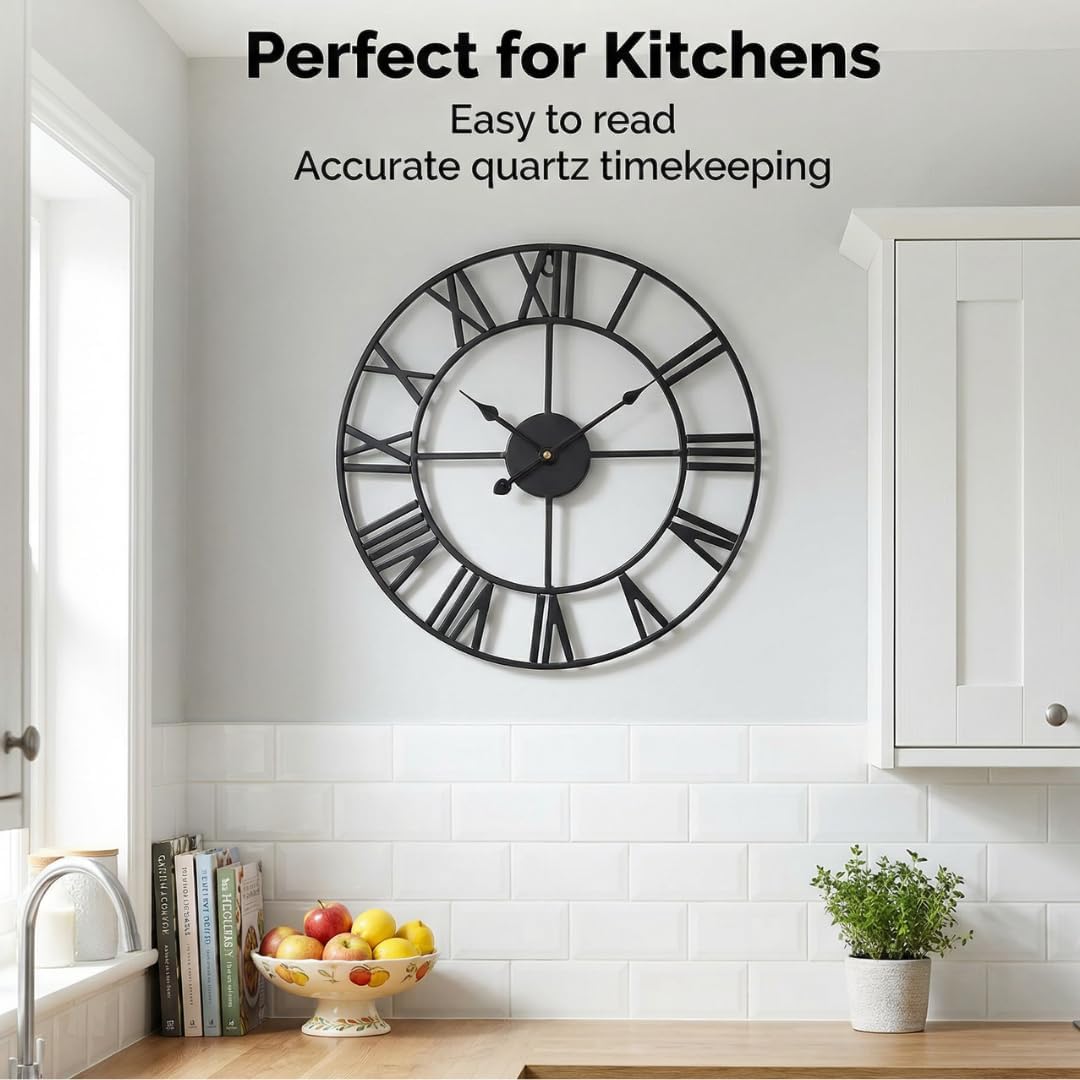 Heaven4you Large Wall Clock – Big Roman Numerals Metal Round Open Face, 60cm