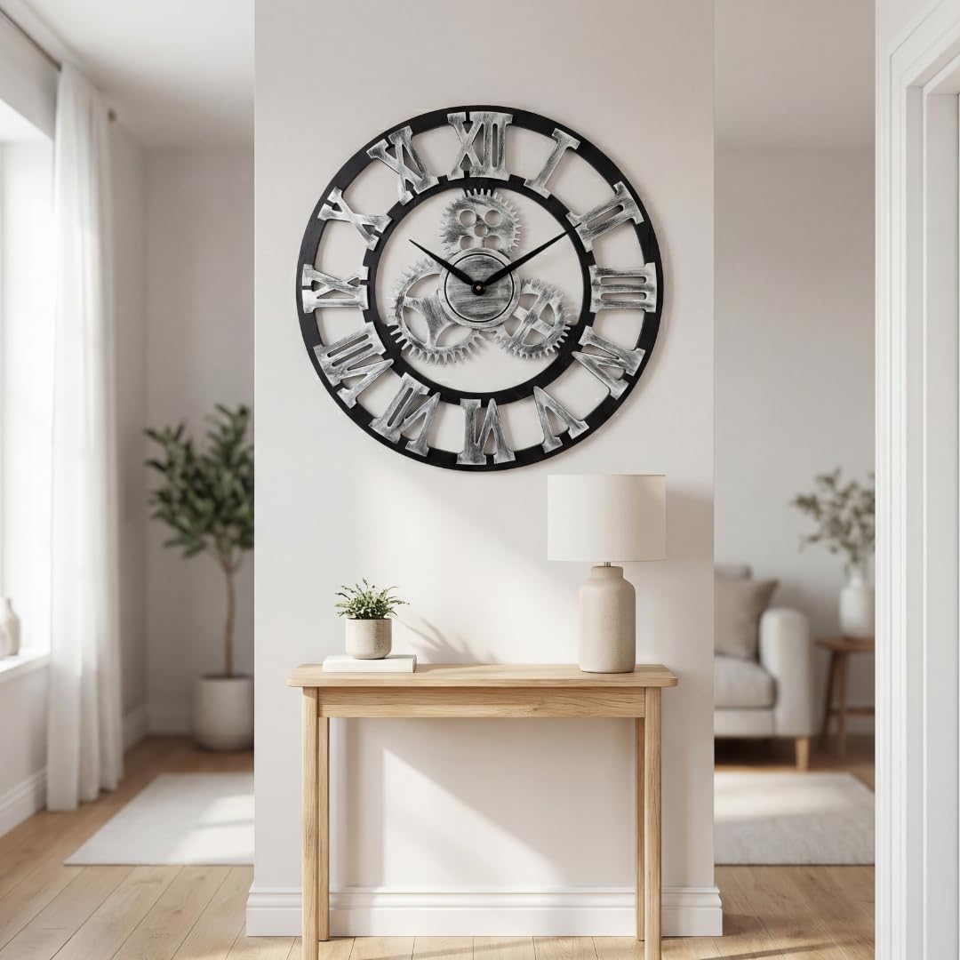 Heaven4you Large Roman Numeral Wall Clock – Open Face Wood Round, 60cm Gold