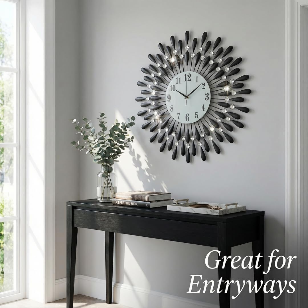 Heaven4you Large Diamond Jeweled Sunburst Wall Clock – Crystal 3D, 60cm Black