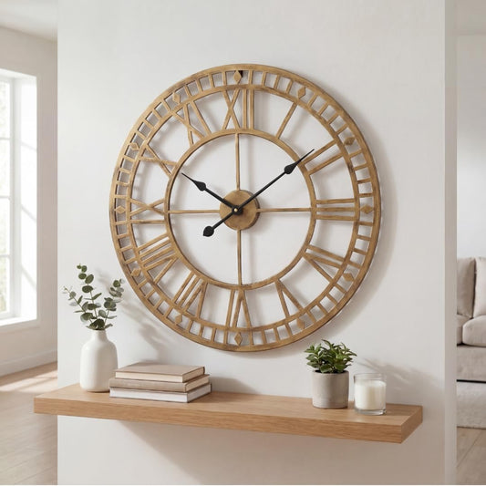 Heaven4you Large Giant Open Face Metal Roman Numeral Wall Clock – Bronze 60cm Indoor
