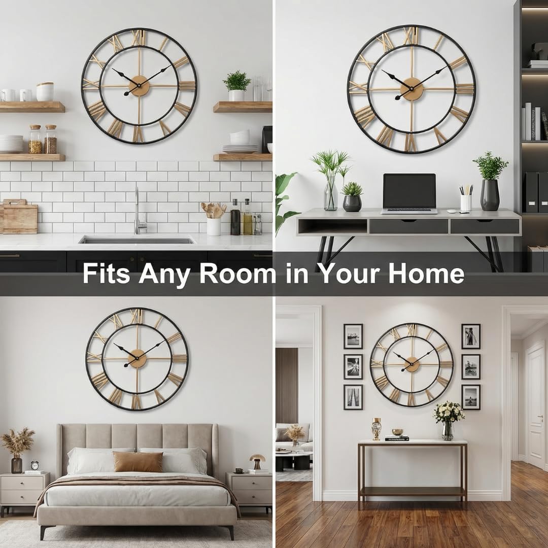 Heaven4you Large Skeleton Metal Roman Numeral Wall Clock – Open Round Face, 60cm Gold/Black