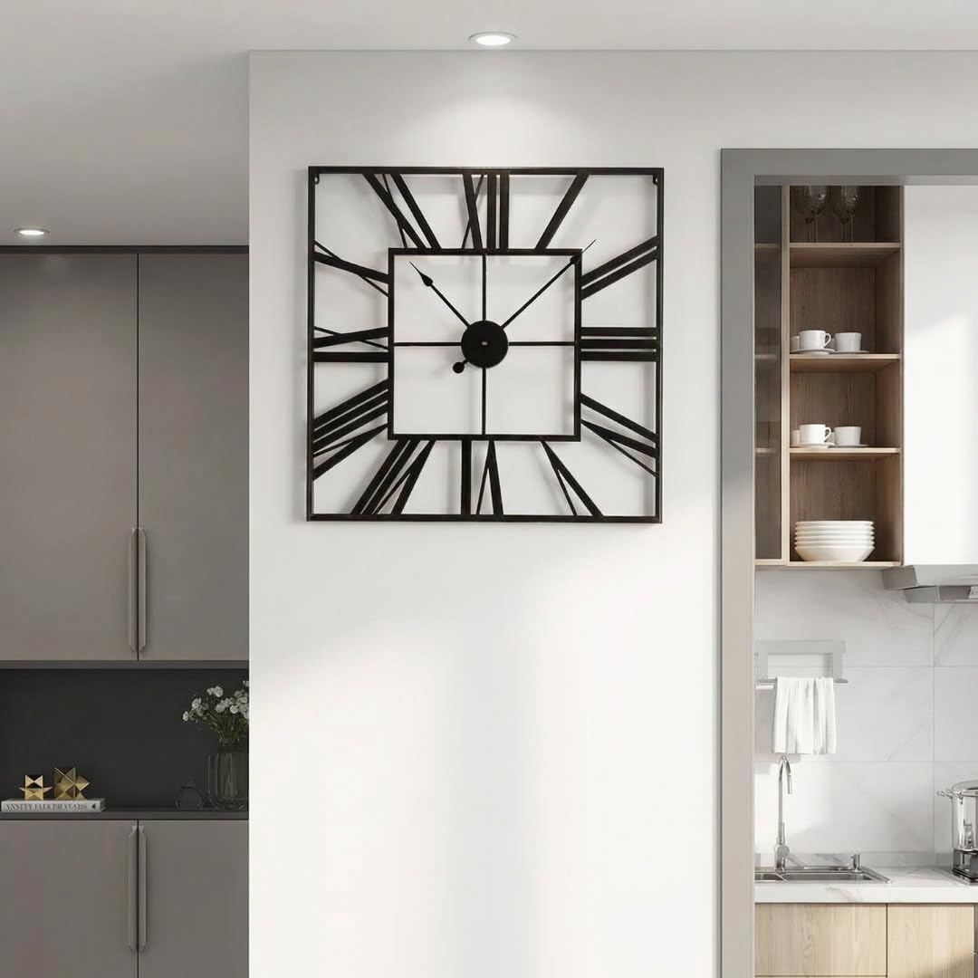 Heaven4you Large Square Metal Skeleton Roman Numeral Wall Clock – 60cm Black