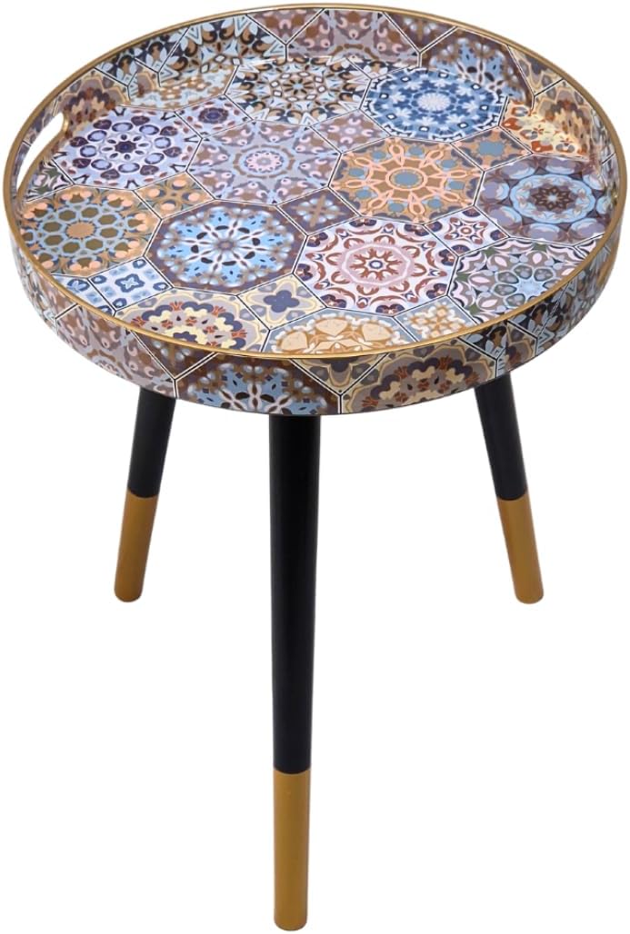 Heaven4you Round Bedside End Table – Boho Mosaic 2 Mandala Pattern, Natural Wooden Legs