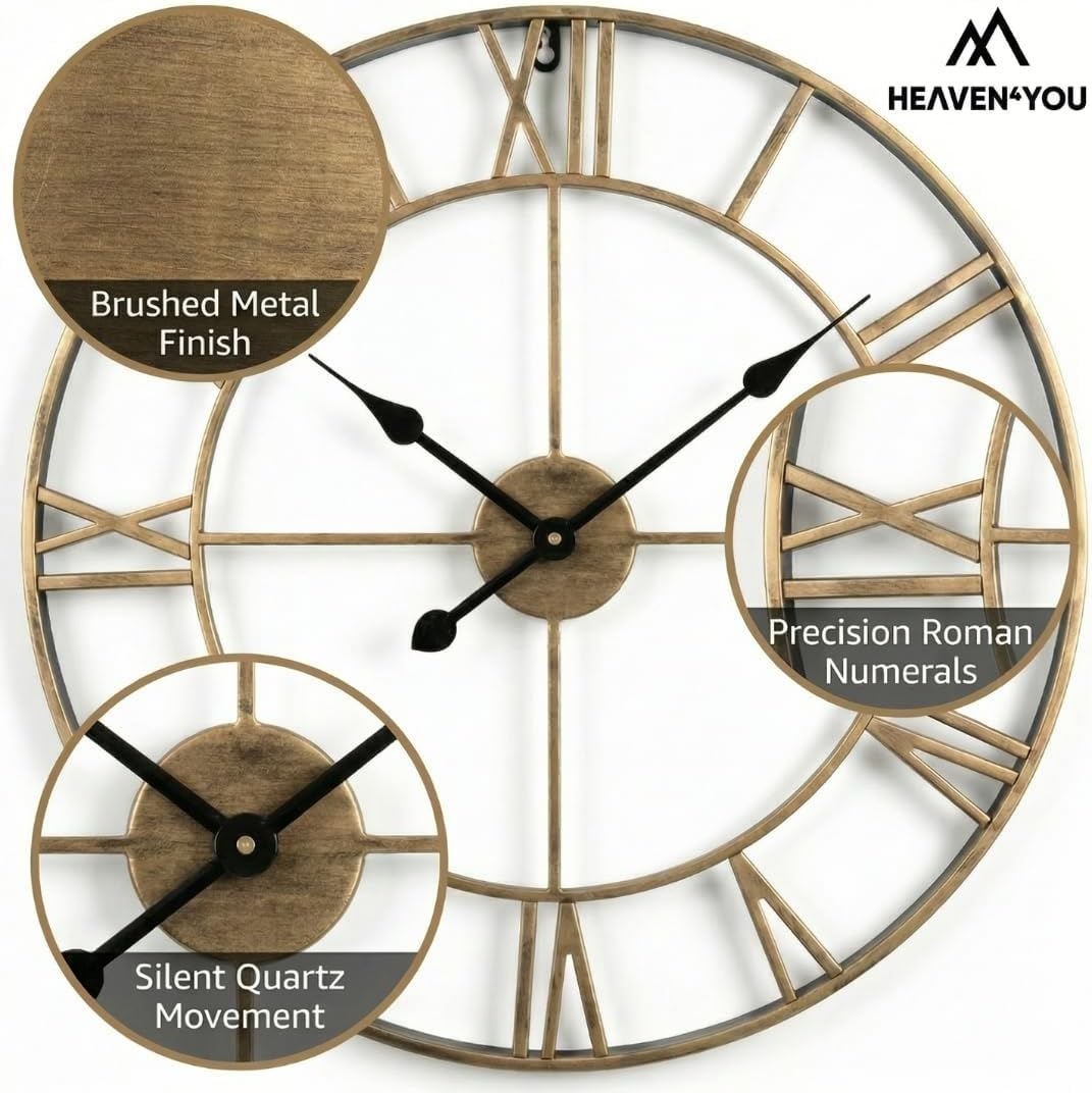 Heaven4you Large Skeleton Metal Roman Vintage Rustic Wall Clock – Giant Open Face, 60cm Bronze