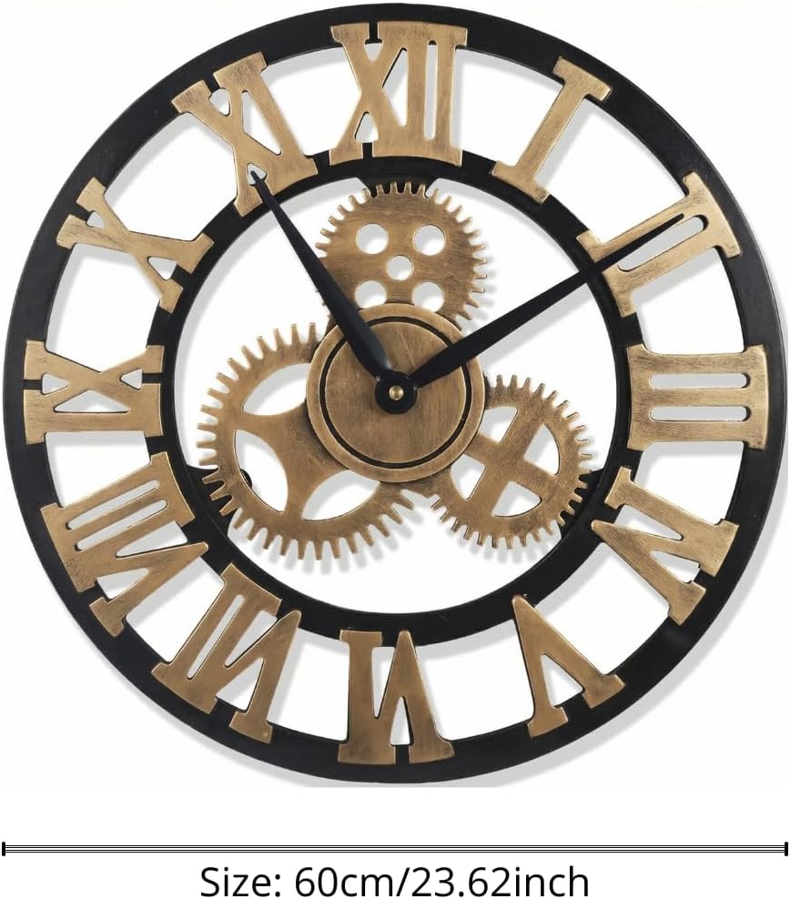Heaven4you Large Roman Numeral Wall Clock – Open Face Wood Round, 60cm Gold