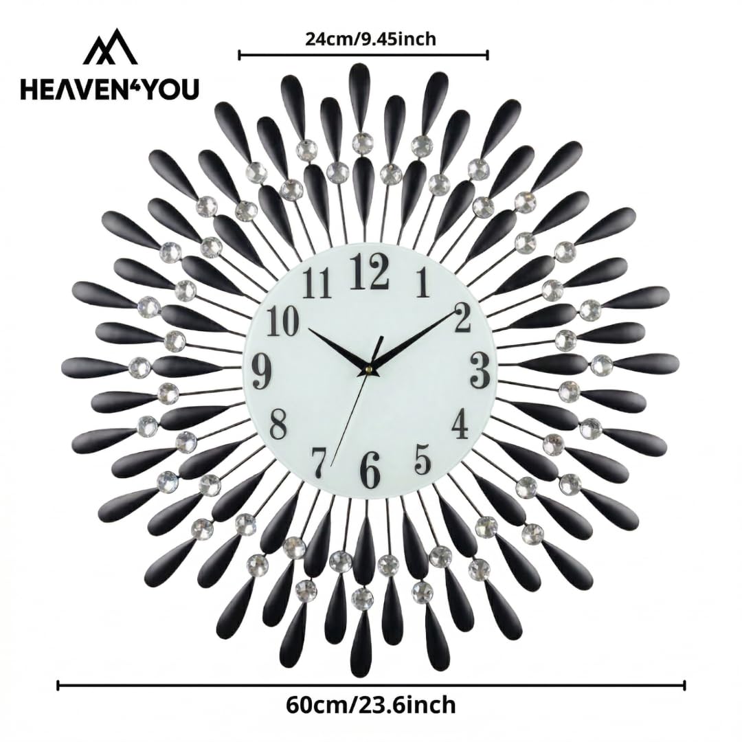 Heaven4you Large Diamond Jeweled Sunburst Wall Clock – Crystal 3D, 60cm Black