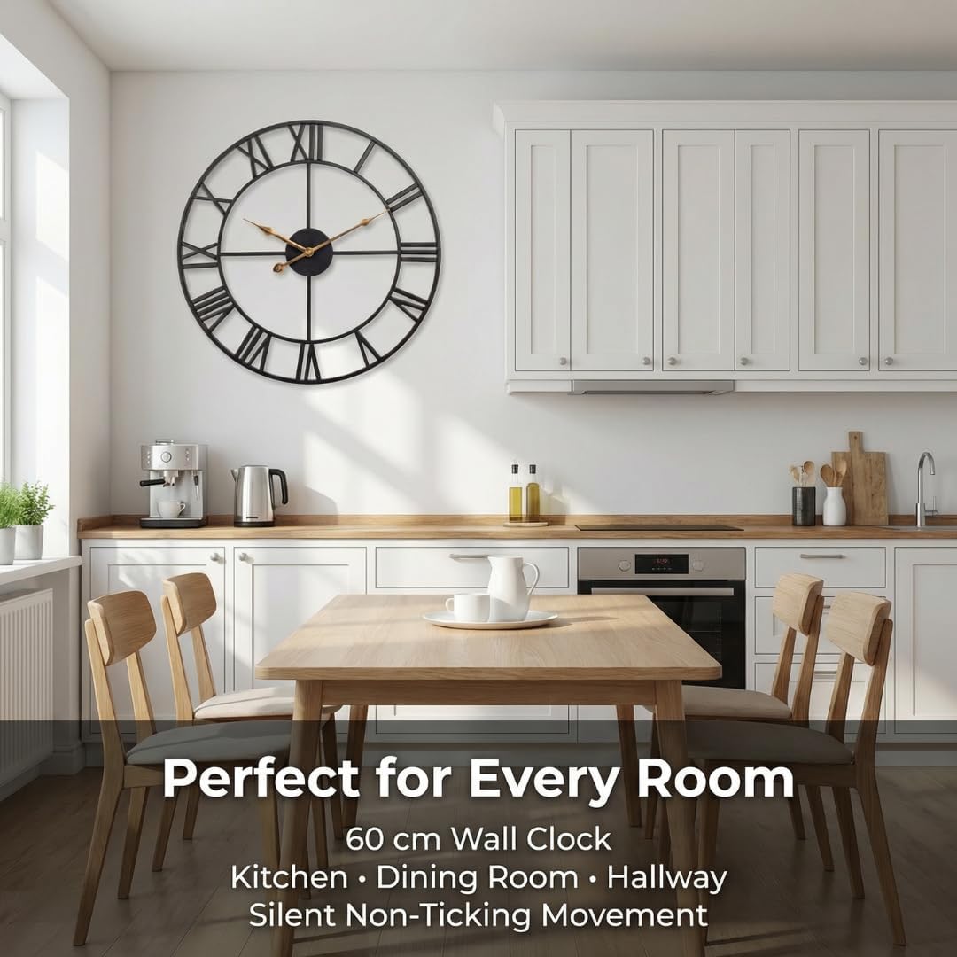 Heaven4you Large Premium Wall Clock – Roman Numerals, 60cm Black