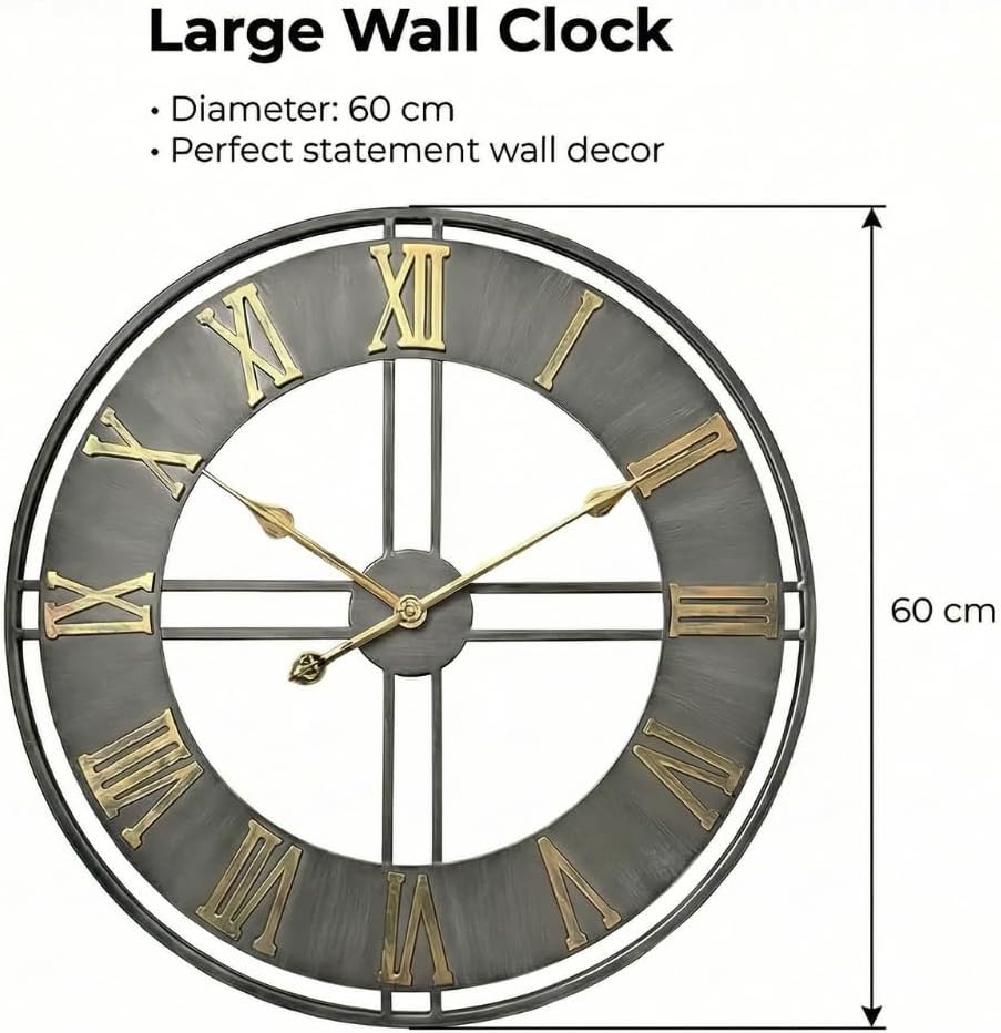 Heaven4you Industrial Roman Numeral Wall Clock – Silver & Gold, 60cm/24 Inch