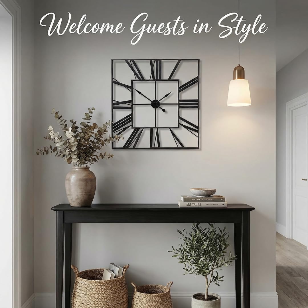 Heaven4you Large Square Metal Skeleton Roman Numeral Wall Clock – 60cm Black