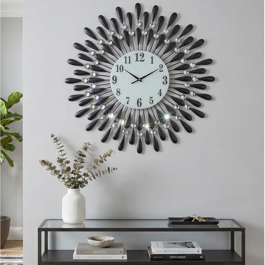 Heaven4you Large Diamond Jeweled Sunburst Wall Clock – Crystal 3D, 60cm Black