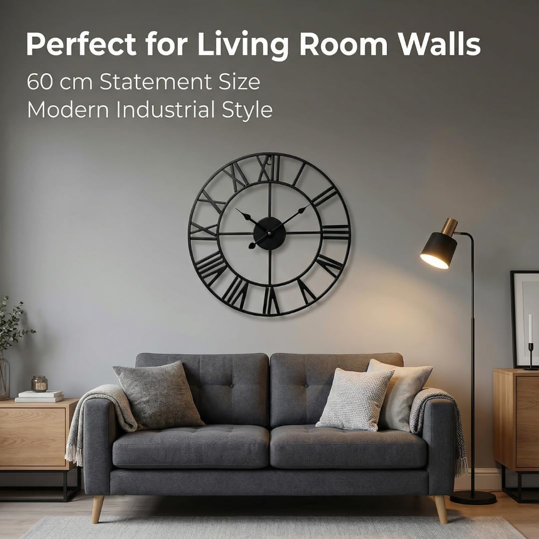 Heaven4you Large Wall Clock – Big Roman Numerals Metal Round Open Face, 60cm