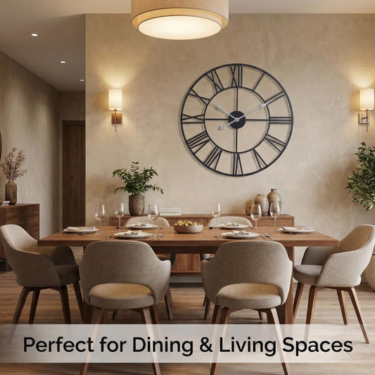 Heaven4you Large Wall Clock Flat Roman Numerals Metal – Silent Open Face, 60cm Black