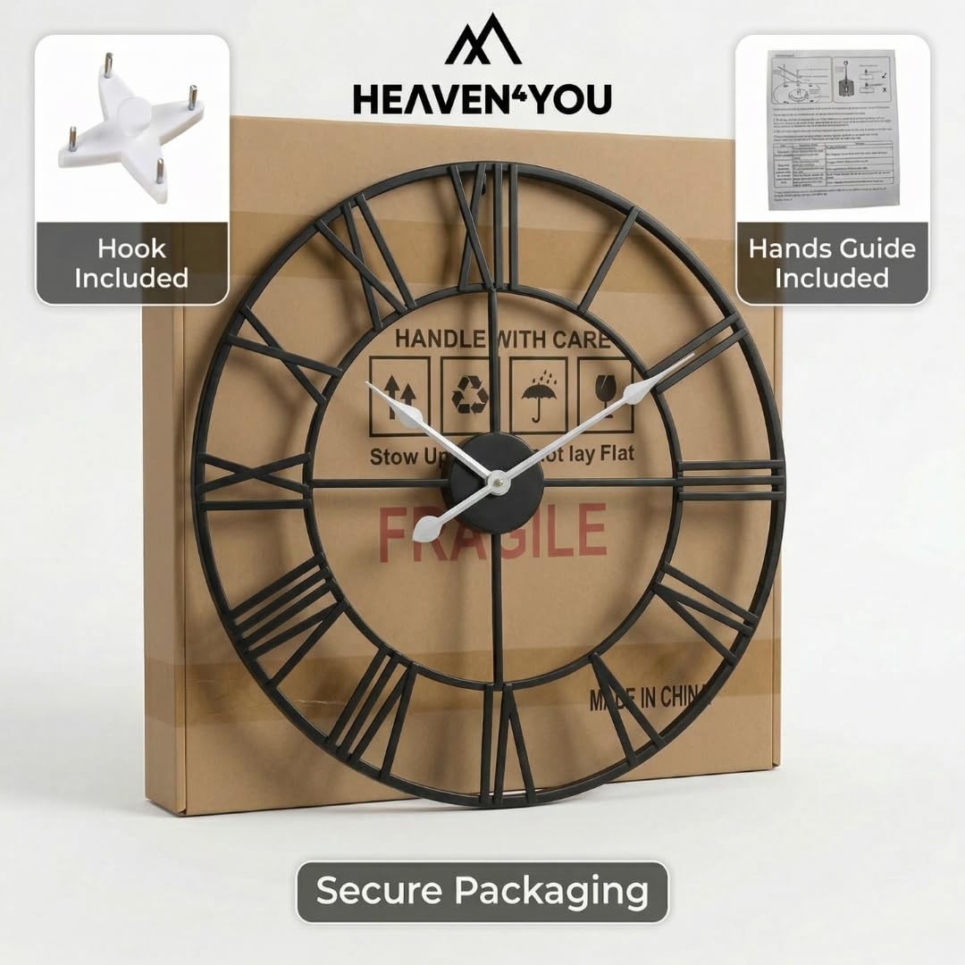 Heaven4you Large Wall Clock Flat Roman Numerals Metal – Silent Open Face, 60cm Black