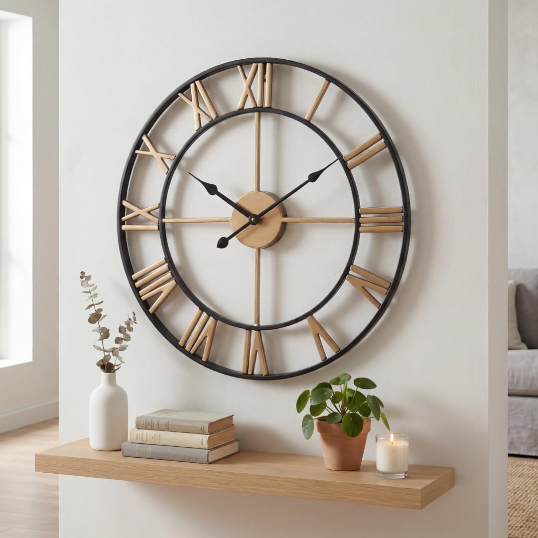 Heaven4you Large Skeleton Metal Roman Numeral Wall Clock – Open Round Face, 60cm Gold/Black