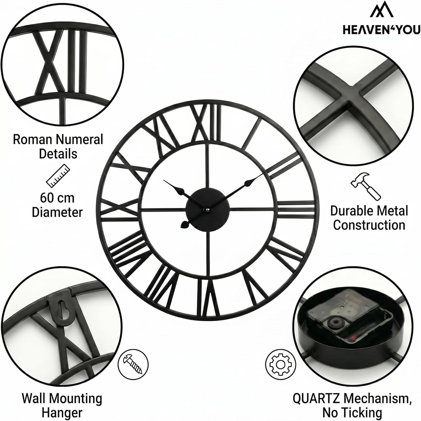 Heaven4you Large Wall Clock – Big Roman Numerals Metal Round Open Face, 60cm