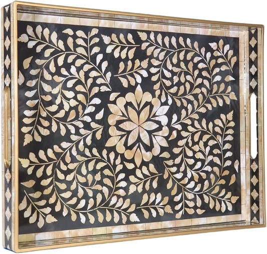 Heaven4you Premium Luxury Decorative Rectangular Serving Tray with Handles – Gloss Black Floral & Gold, 40x30cm