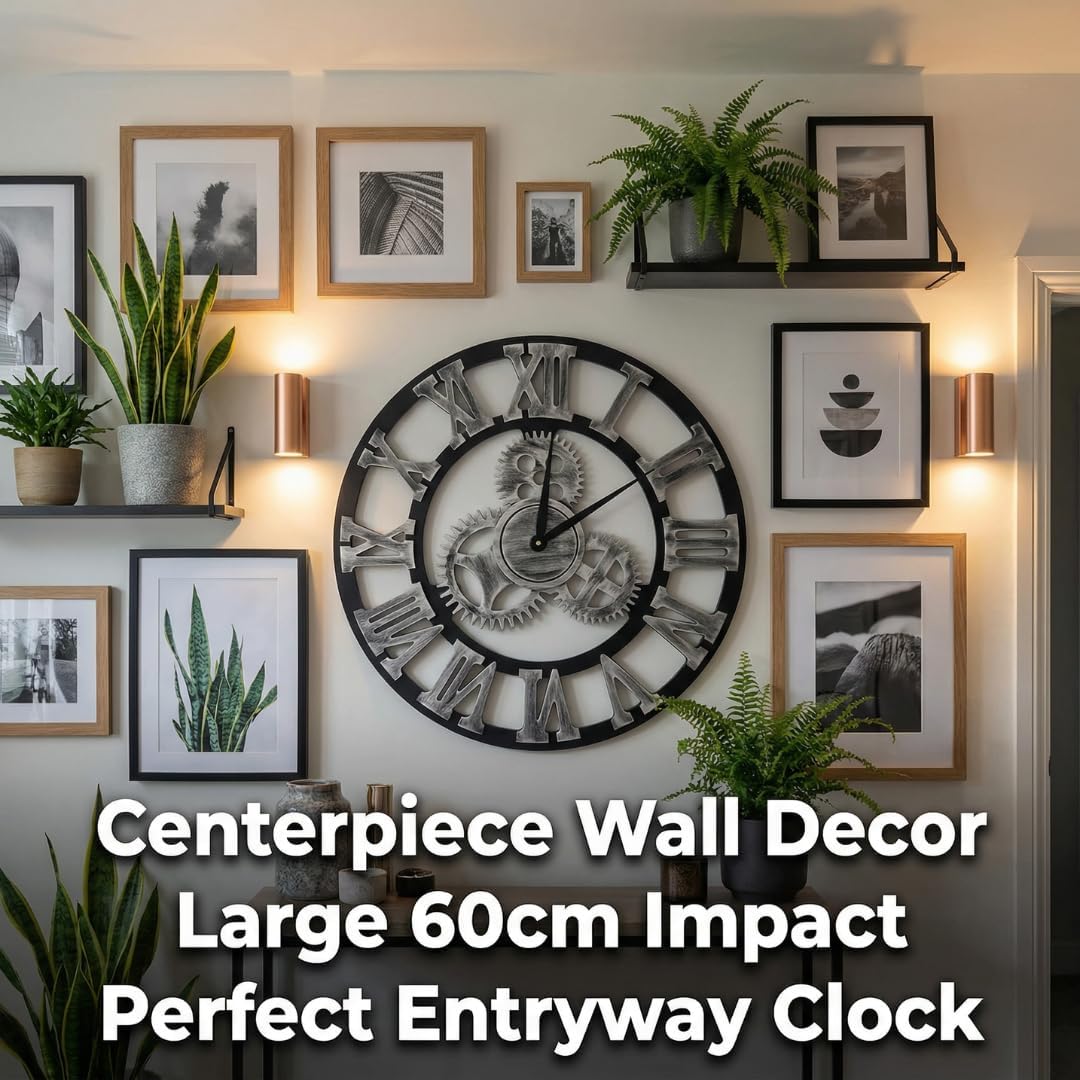 Heaven4you Large Roman Numeral Wall Clock – Open Face Wood Round, 60cm Gold