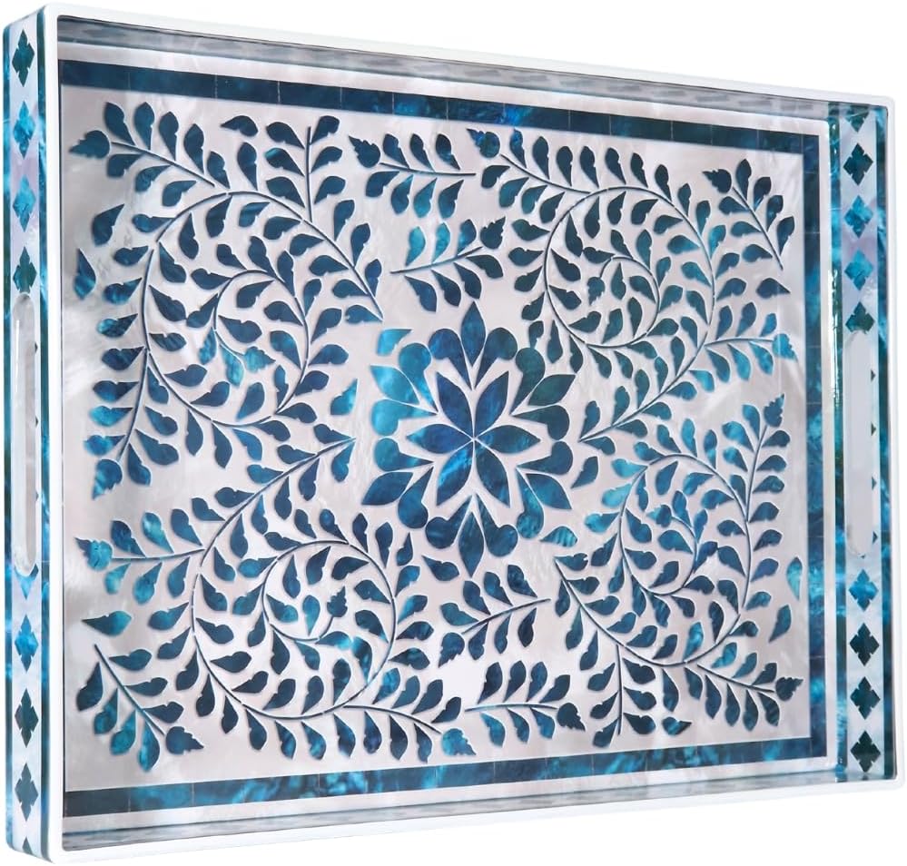 Heaven4you Premium Luxury Decorative Rectangular Serving Tray with Handles – Gloss Blue Floral & Gold, 40x30cm