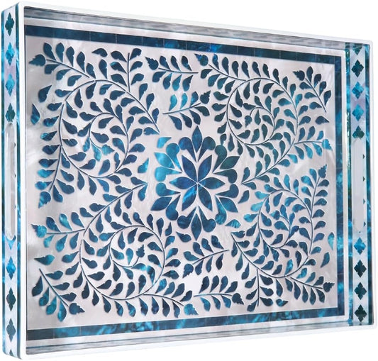Heaven4you Premium Luxury Decorative Rectangular Serving Tray with Handles – Gloss Blue Floral & Gold, 40x30cm