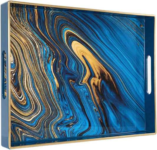 Heaven4you Premium Luxury Decorative Rectangular Serving Tray with Handles – Gloss Blue Marble & Gold, 40x30cm