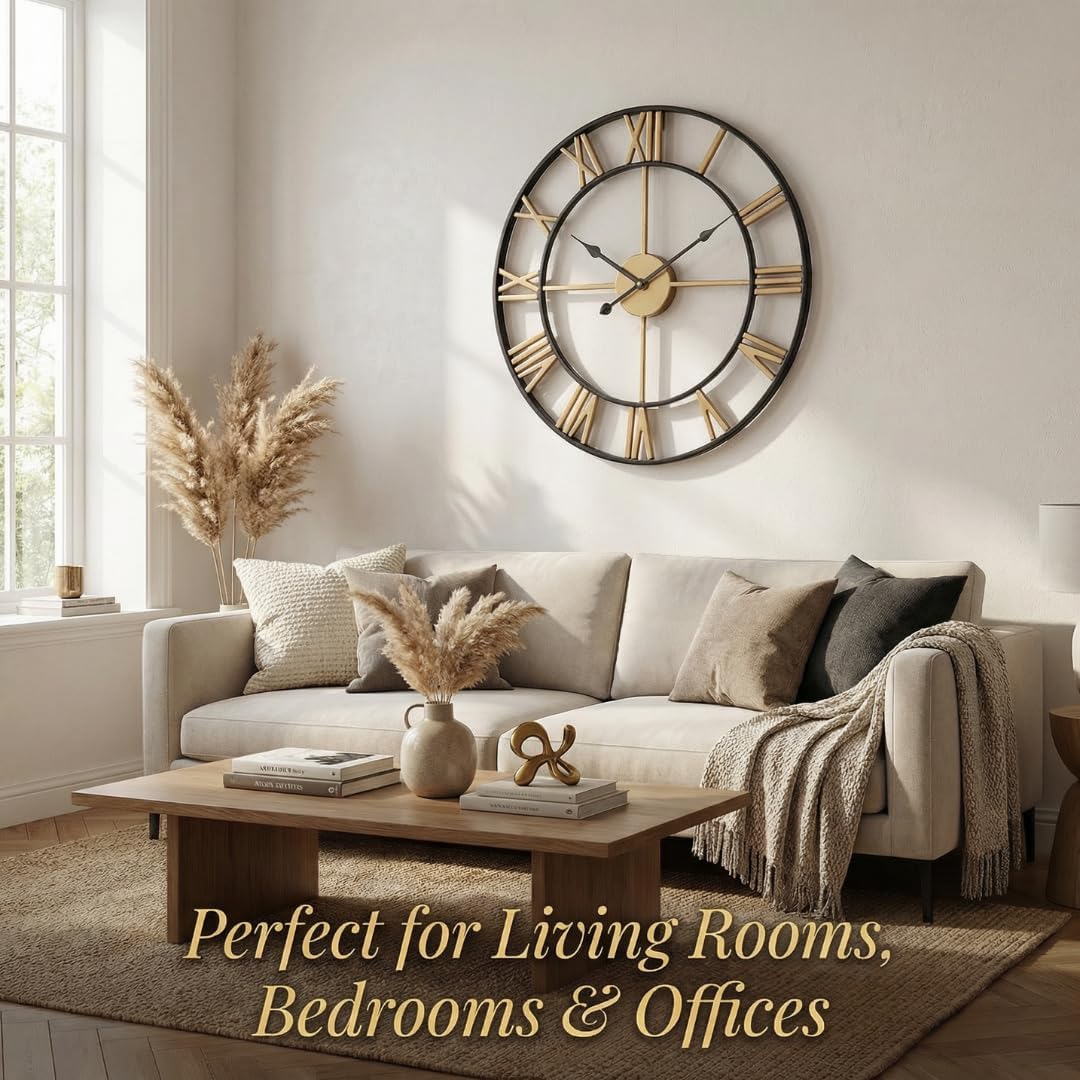 Heaven4you Large Skeleton Metal Roman Numeral Wall Clock – Open Round Face, 60cm Gold/Black