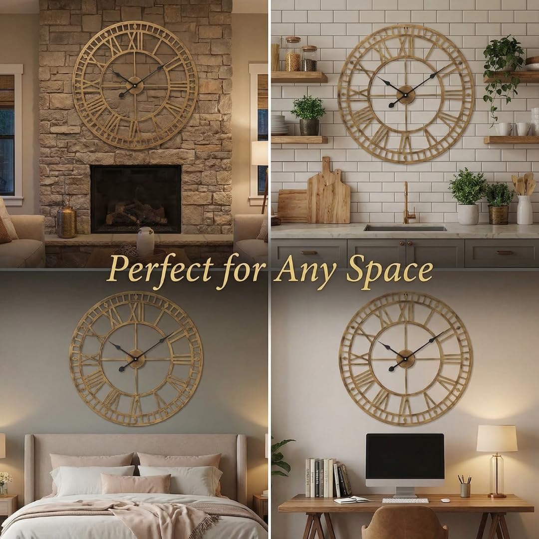Heaven4you Large Giant Open Face Metal Roman Numeral Wall Clock – Bronze 60cm Indoor