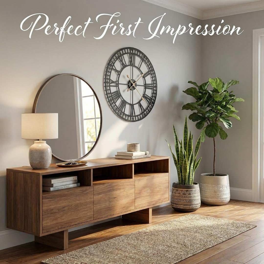 Heaven4you Large Giant Open Face Metal Roman Numeral Wall Clock – Black & Gold, 60cm