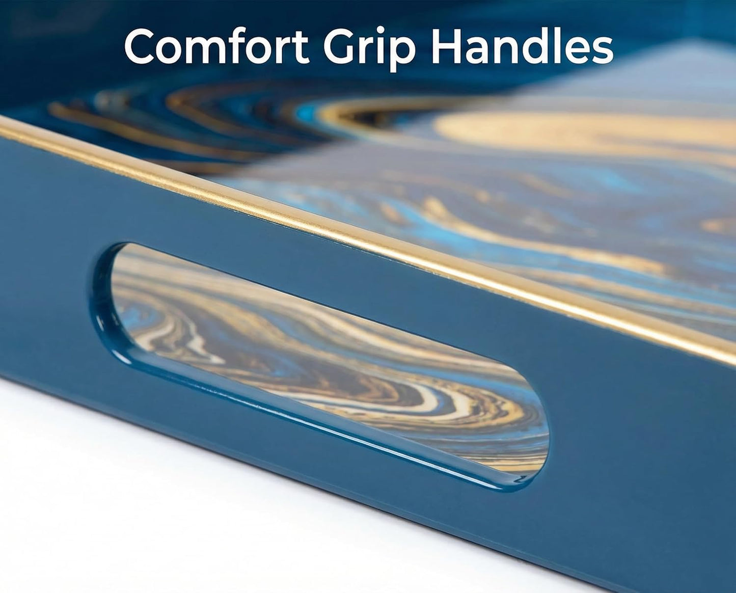 Heaven4you Premium Luxury Decorative Rectangular Serving Tray with Handles – Gloss Blue Marble & Gold, 40x30cm