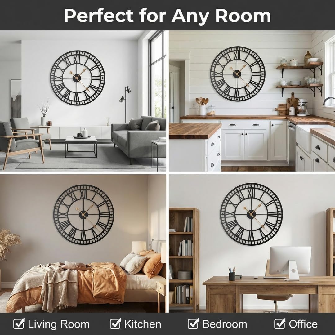 Heaven4you Large Giant Open Face Metal Roman Numeral Wall Clock – Black & Gold, 60cm