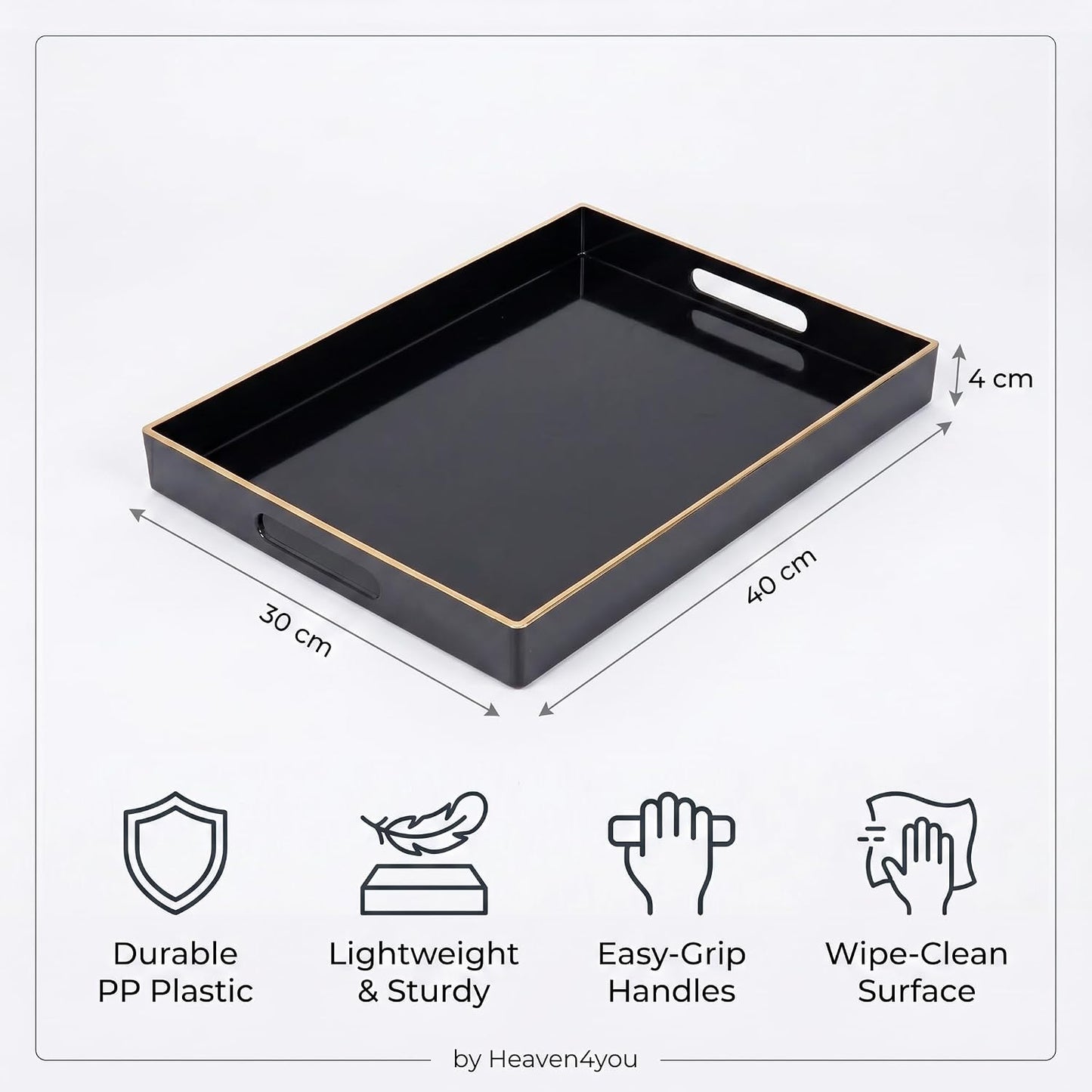 Heaven4you Premium Luxury Decorative Rectangular Serving Tray with Handles – Gloss Black & Gold, 40x30cm