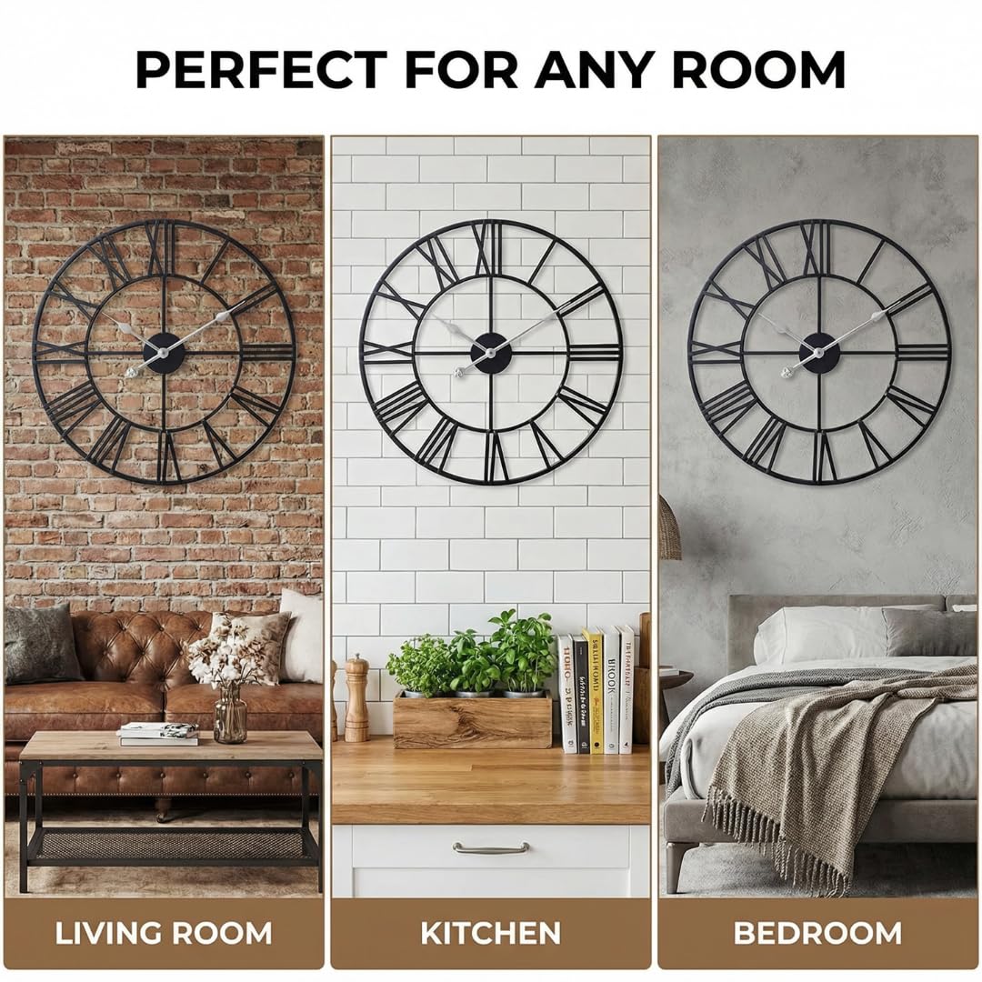 Heaven4you Large Wall Clock Flat Roman Numerals Metal – Silent Open Face, 60cm Black