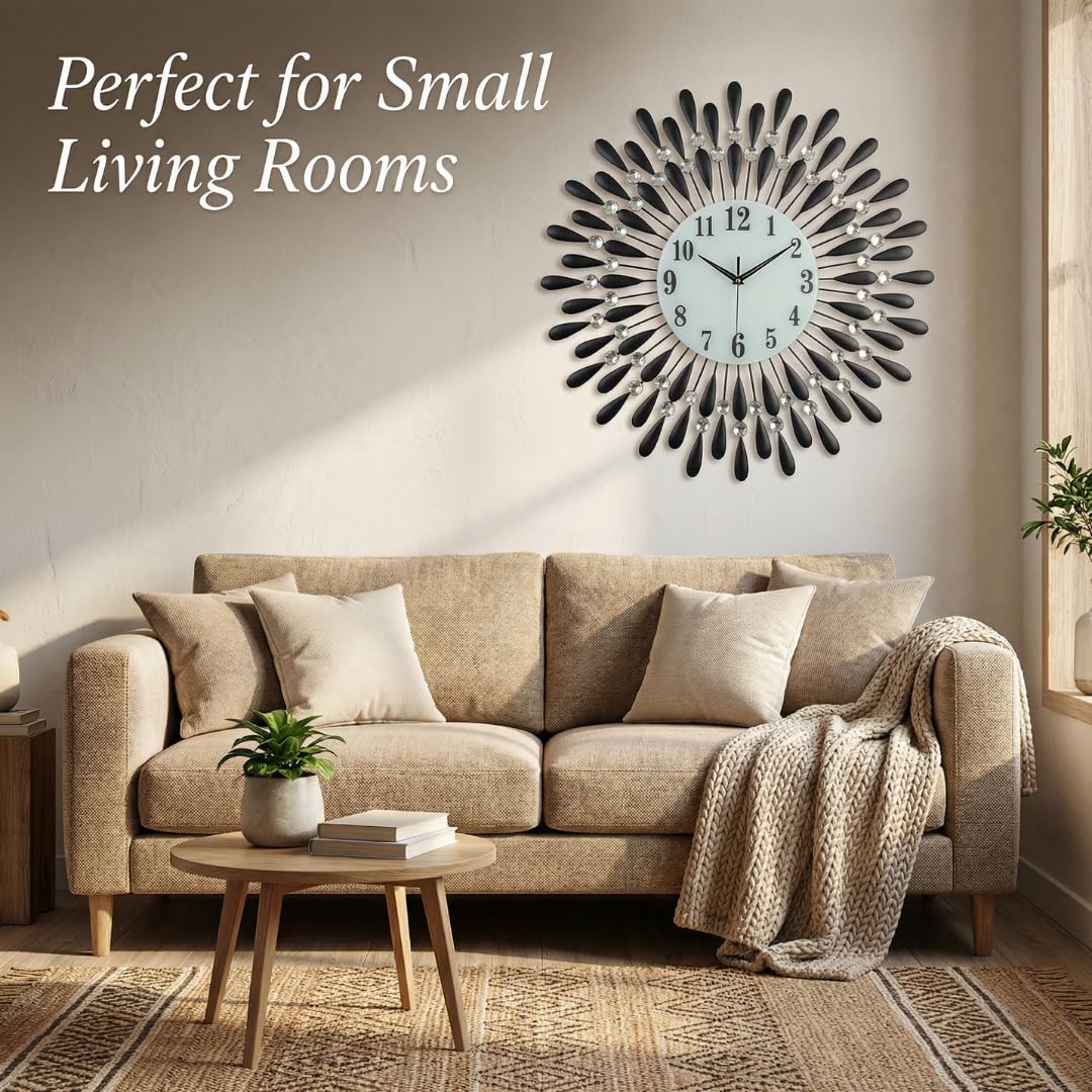 Heaven4you Large Diamond Jeweled Sunburst Wall Clock – Crystal 3D, 60cm Black