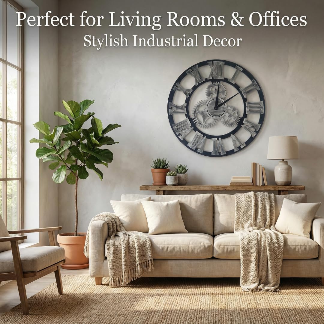 Heaven4you Large Roman Numeral Wall Clock – Open Face Wood Round, 60cm Gold