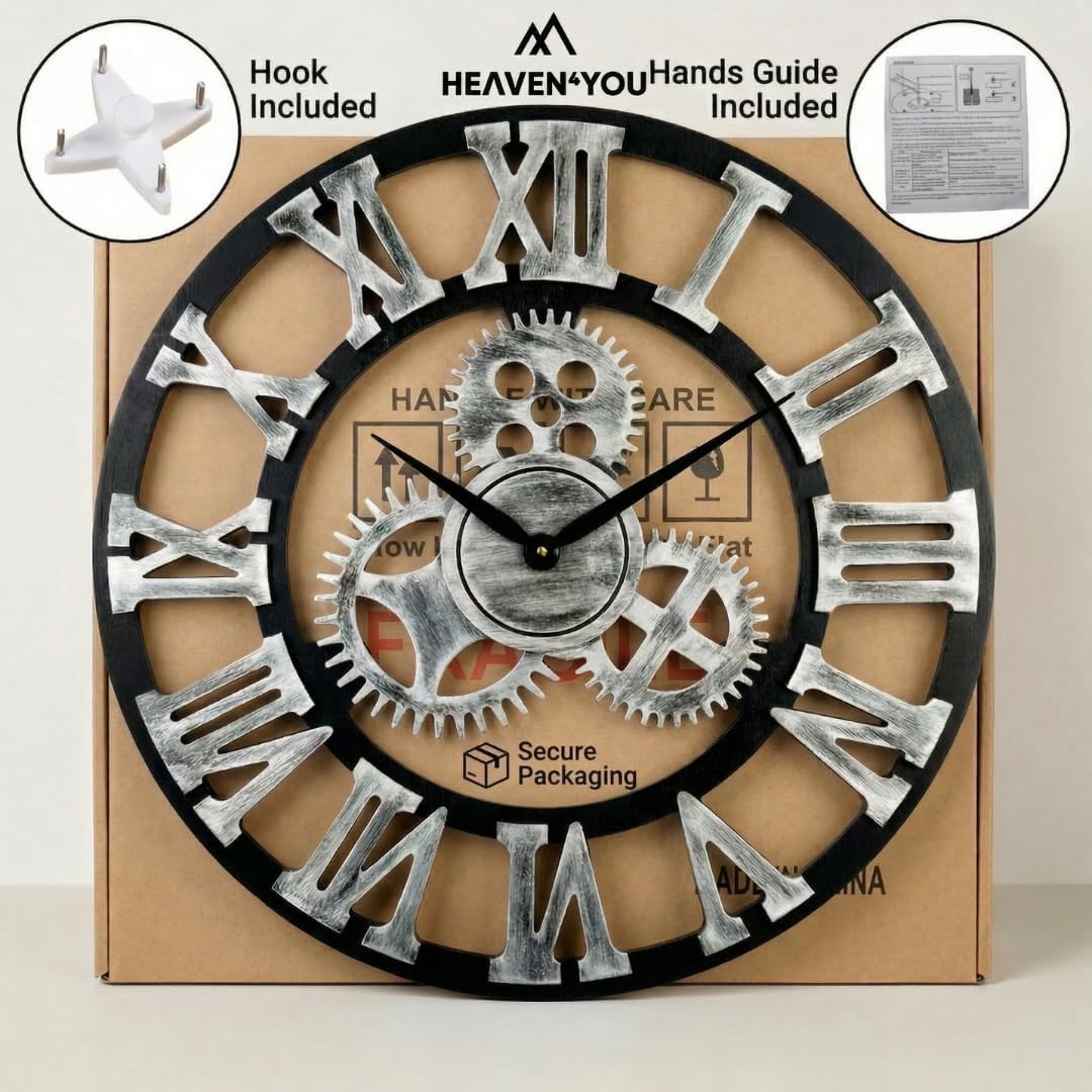 Heaven4you Large Roman Numeral Wall Clock – Open Face Wood Round, 60cm Gold