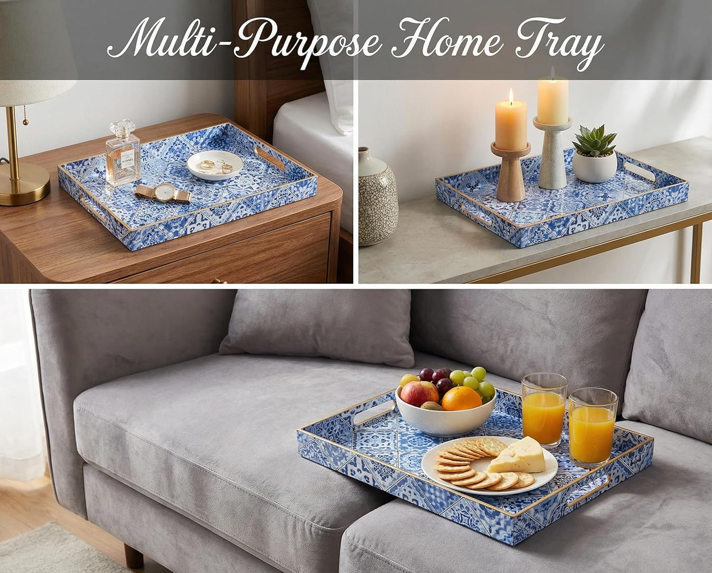 Heaven4you Luxury Premium Mosaic Decorative Serving Tray with Handles – Mediterranean, Gold Edge