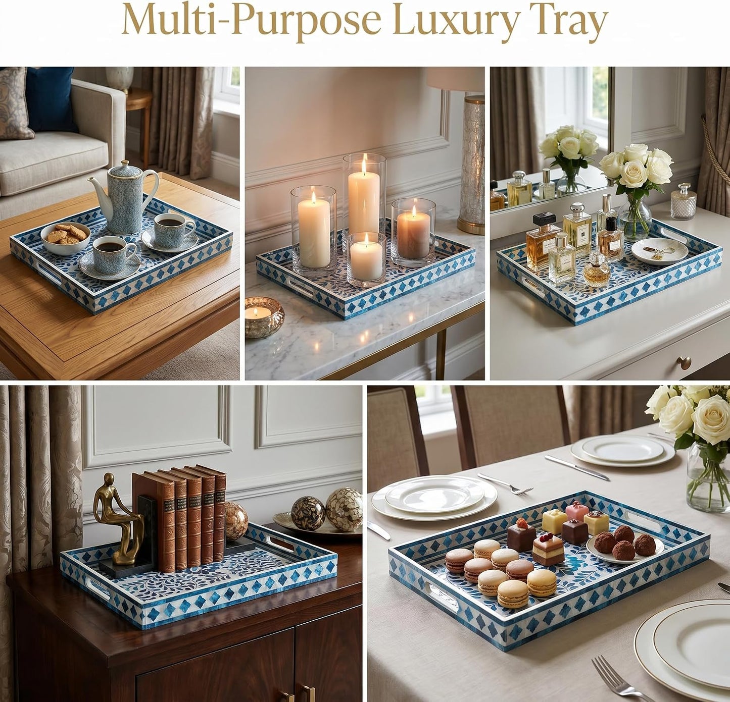 Heaven4you Premium Luxury Decorative Rectangular Serving Tray with Handles – Gloss Blue Floral & Gold, 40x30cm