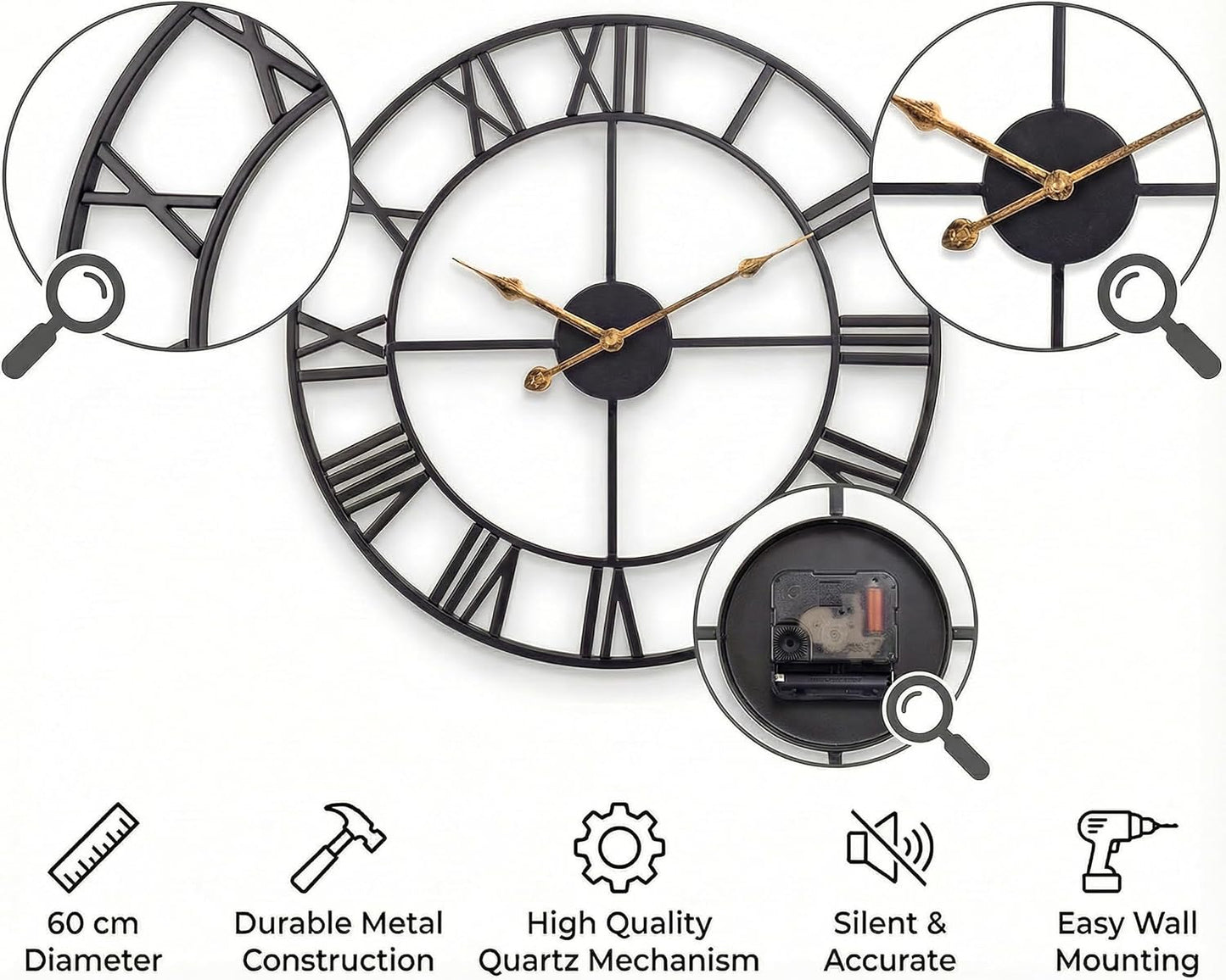 Heaven4you Large Premium Wall Clock – Roman Numerals, 60cm Black