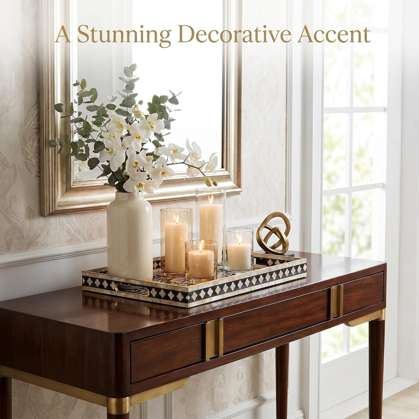 Heaven4you Premium Luxury Decorative Rectangular Serving Tray with Handles – Gloss Black Floral & Gold, 40x30cm