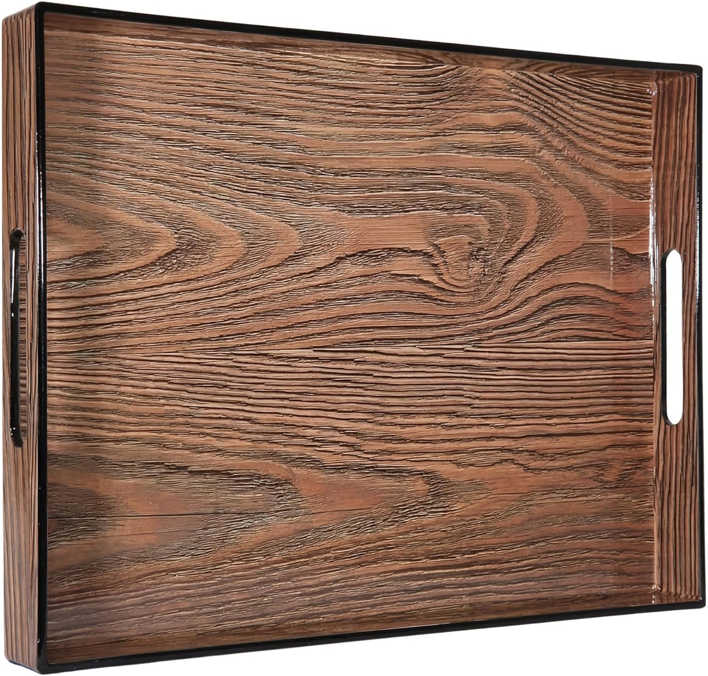 Heaven4you Luxury Decorative Rectangular Serving Tray with Handles – Gloss Rustic Wood & Gold, 40x30cm
