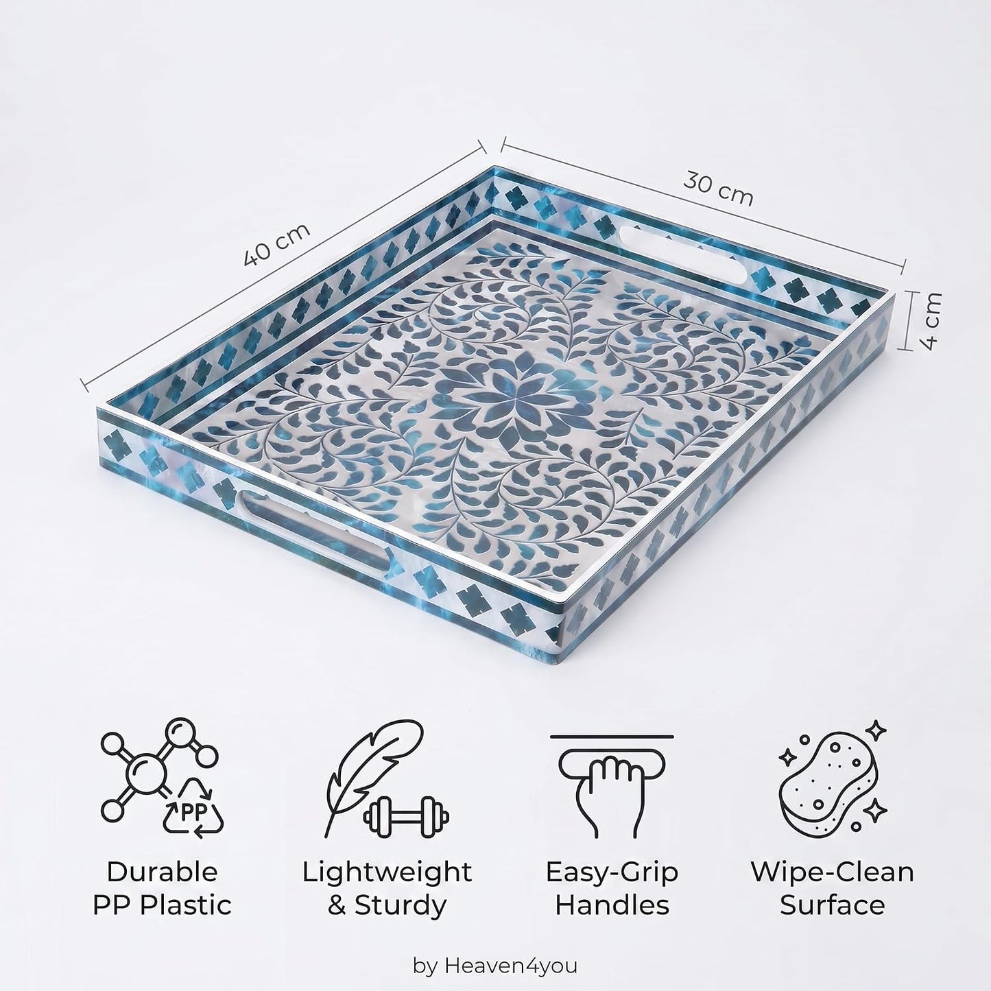Heaven4you Premium Luxury Decorative Rectangular Serving Tray with Handles – Gloss Blue Floral & Gold, 40x30cm