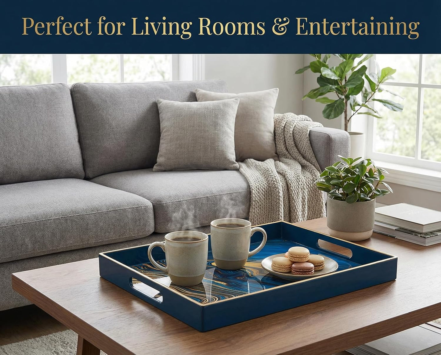 Heaven4you Premium Luxury Decorative Rectangular Serving Tray with Handles – Gloss Blue Marble & Gold, 40x30cm